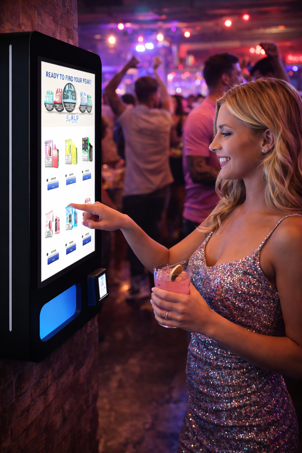 Modern vending machine in vibrant nightlife venue