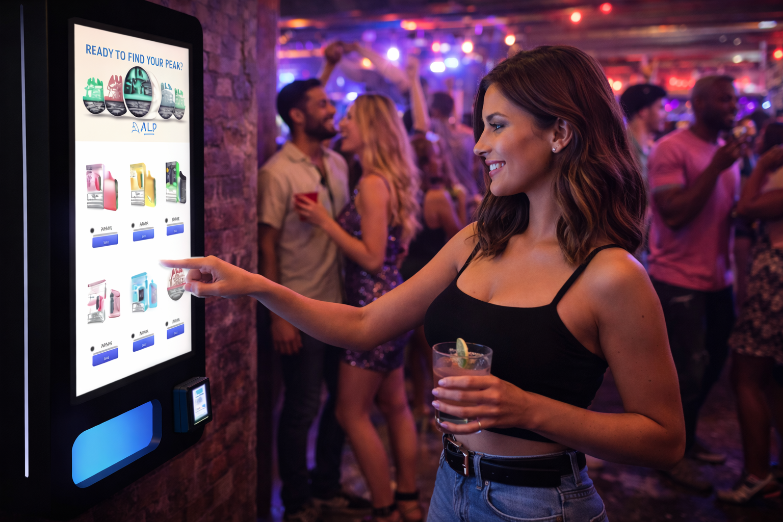 Customer using modern vending machine in nightlife venue